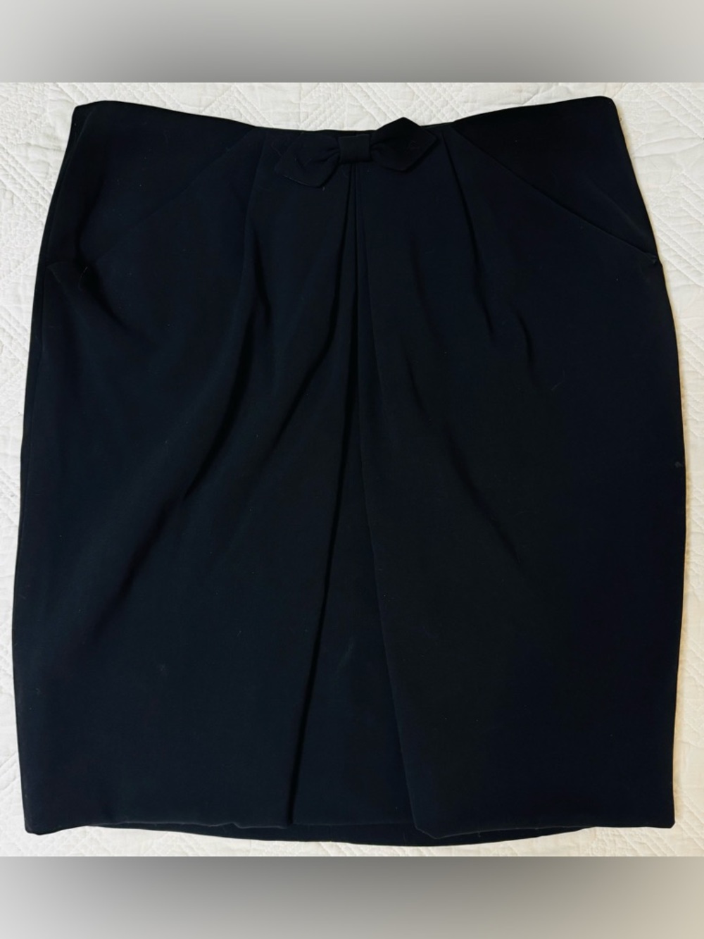 Giorgio Armani Black Wool Pencil Skirt Bow Pleat Italy Size 46 US 14